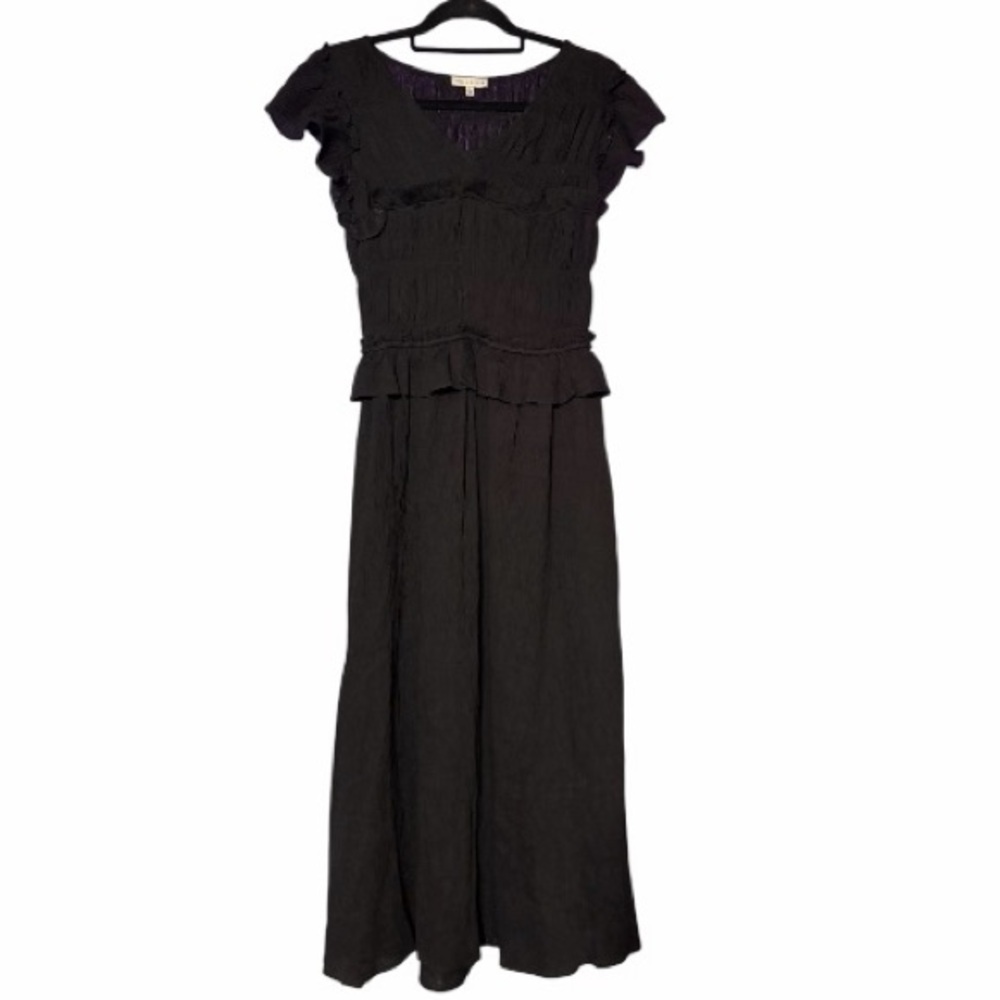 Tuckernuck Moon River Black Flutter Sleeve Smocked Bodice Midi Dress Ruffle Trim - Picture 7 of 11